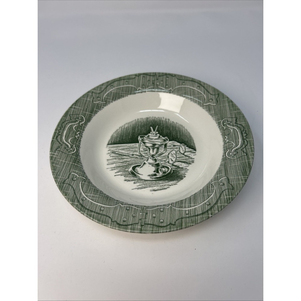 Vintage Royal China The Old Curiosity Shop Soup Bowl Green Transferware Oil Lamp